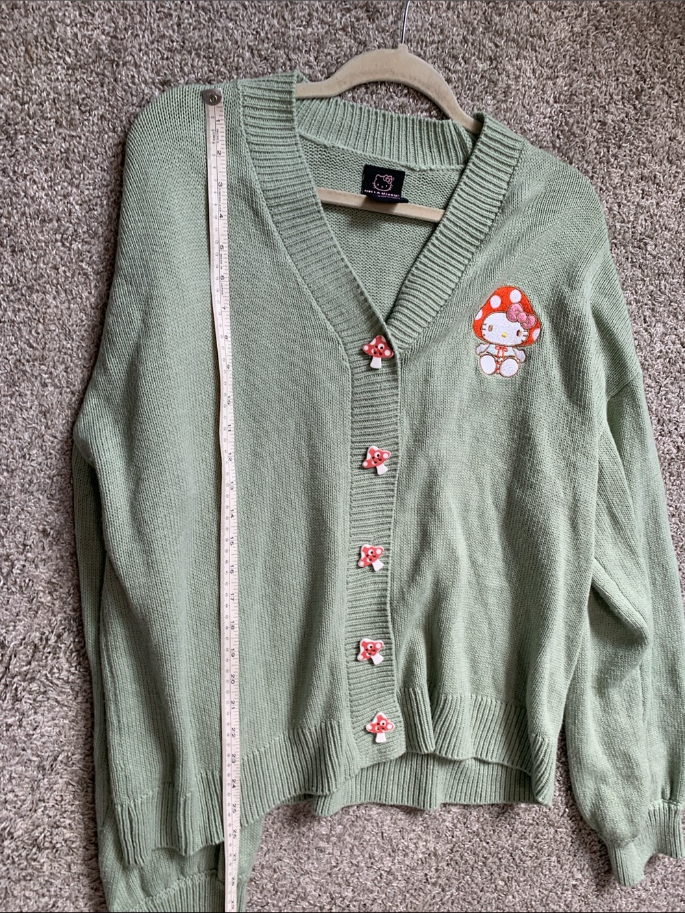 Sanrio Hello Kitty Mushroom Patch Sage V-Neck Cardigan Sweater - Picture 7 of 8